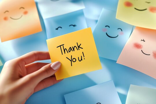 Thank You Note on Yellow Sticky Held by Hand Surrounded by Happy Faces on Colorful Sticky Notes Concept of Gratitude and Positivity.