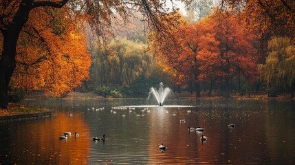Fototapeta premium Autumnal Lake Scene with Ducks and a Fountain
