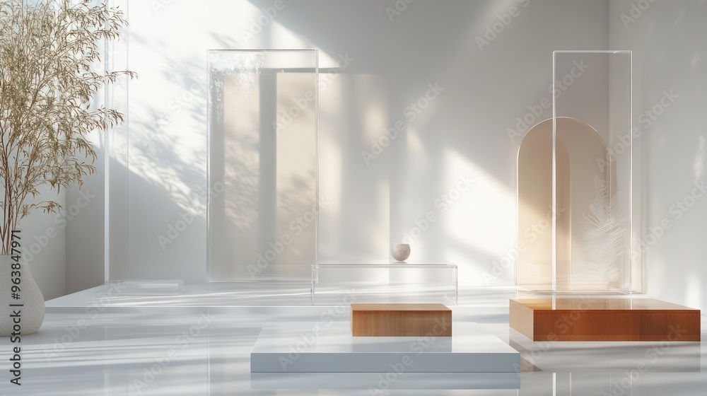 Poster a white room with a large window and a potted plant. the room is empty and features a few pieces of 