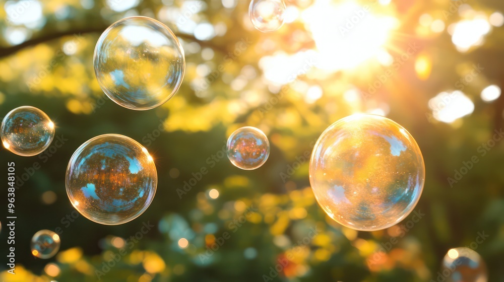 Poster a bunch of bubbles floating in the air, with the sun shining on them. the bubbles are of different s