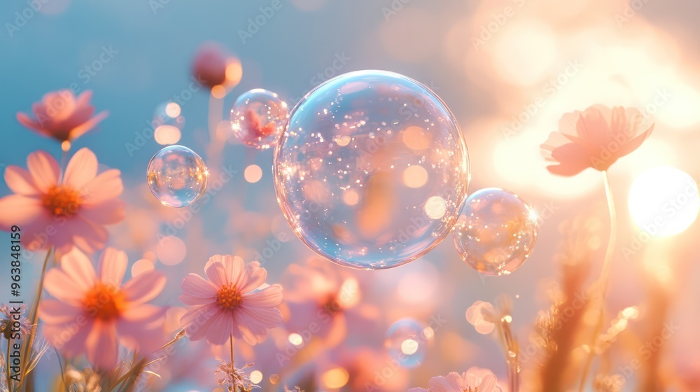 Poster a field of flowers with a large bubble in the middle. the bubble is surrounded by smaller bubbles, a