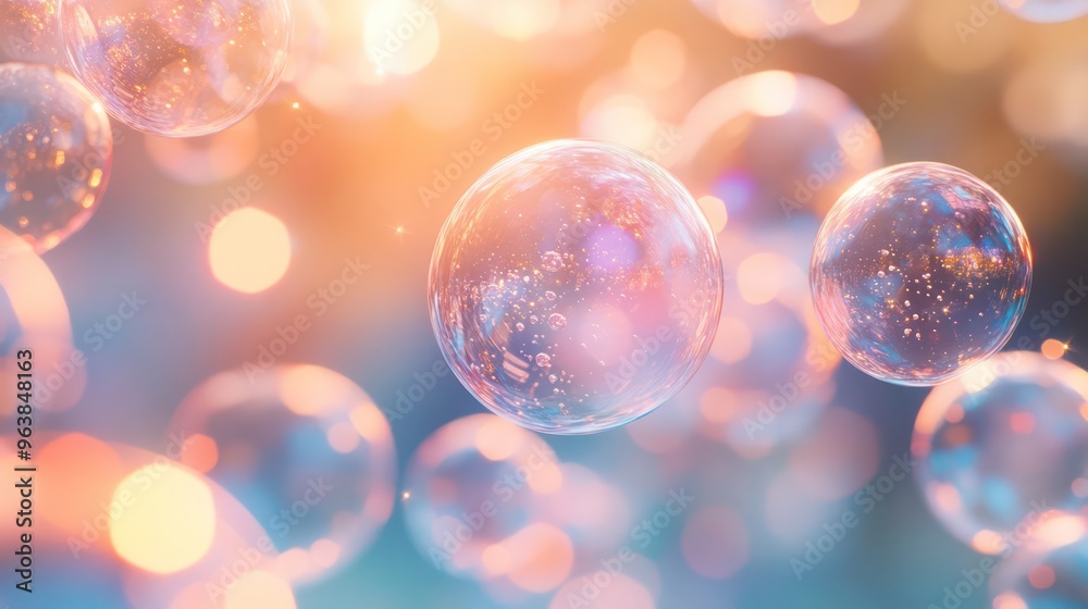 Poster a bunch of bubbles in a blue background. the bubbles are all different sizes and colors. the image h