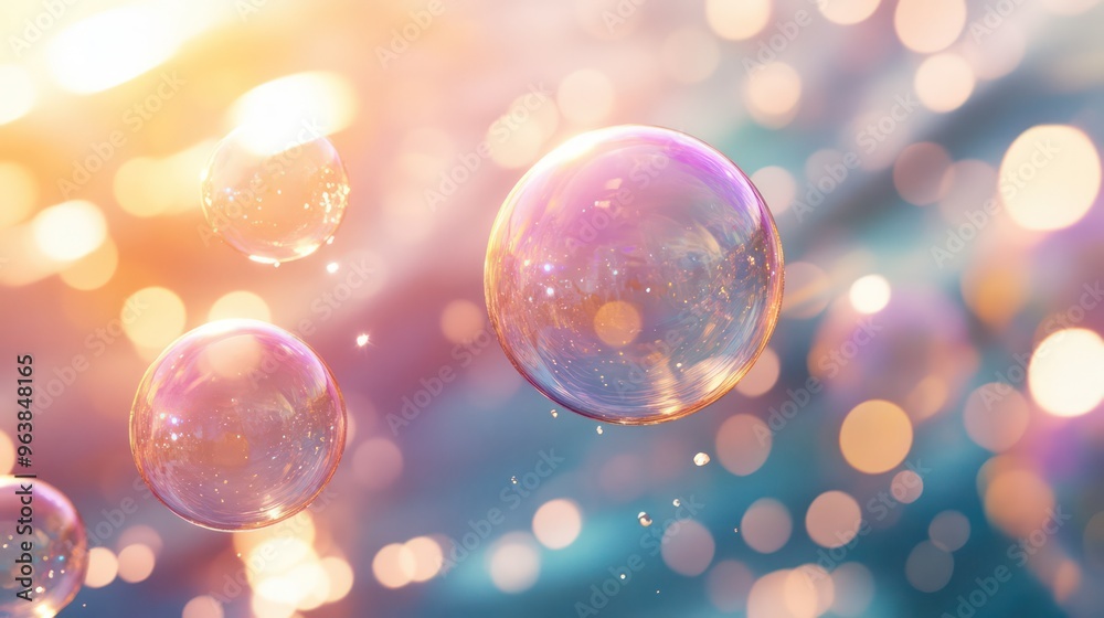 Aufkleber a series of bubbles floating in the air with a bright, colorful background. the bubbles are all diff