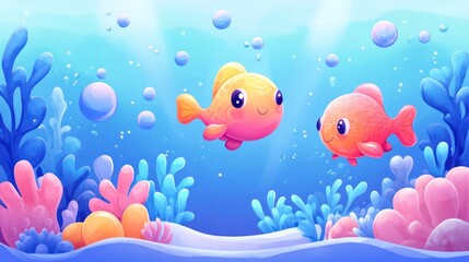 Two fish swimming in a blue ocean with pink and blue coral. The fish are smiling and seem to be enjoying their time in the water