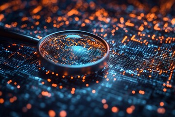Data quality analysis, featuring a magnifying glass hovering over a grid of data points. The magnifying glass highlights specific data, revealing intricate