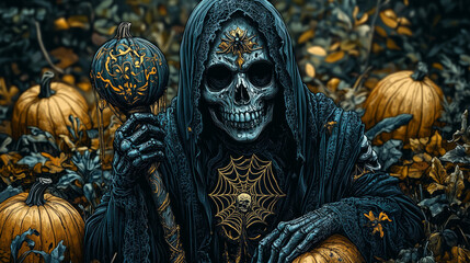 Obraz premium A hooded skeleton holding a staff adorned with an ornate pumpkin stands amidst a pumpkin patch, surrounded by dead leaves and vines, creating an eerie, mystical Halloween scene