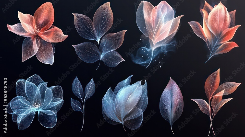 Aufkleber a series of flowers with different colors and shapes. the flowers are all different sizes and are sc