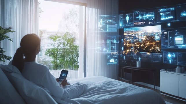 Patient in a smart home using IoT health trackers doctor consulting remotely via telemedicine