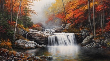 Tranquil Waterfall Cascading Through Autumnal Forest