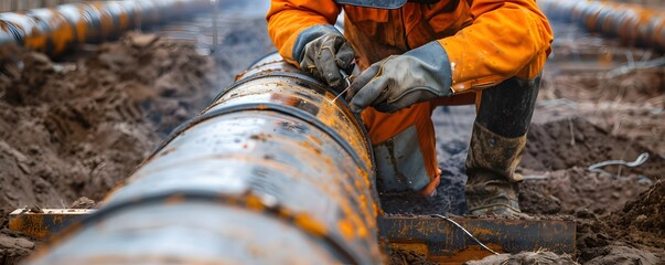 Worker in Orange Suit Welding a Large Metal Pipe