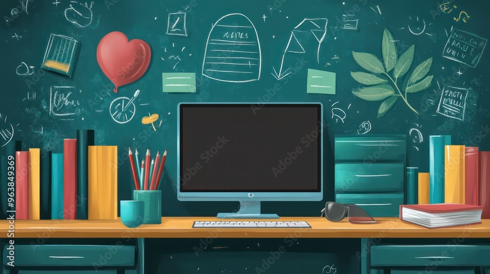 Poster a computer desk with a monitor, keyboard, and books. the desk is decorated with drawings and a heart