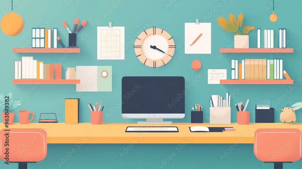 Aufkleber A computer desk with a clock on the wall and a computer monitor on the desk. The desk is surrounded by bookshelves and has a potted plant on the left side. Scene is that of a productive