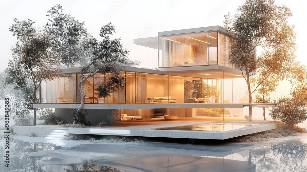 Poster a large, modern house with a pool and a tree in the background. the house is made of glass and has a