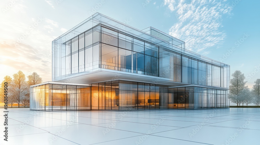 Aufkleber A large glass building with a lot of windows and a tree in the background. The building is designed to look like a modern, futuristic structure