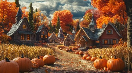 Picturesque Autumn Village with Pumpkin Path