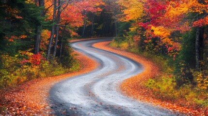 Naklejka premium Winding Road Through a Forest of Vibrant Autumn Colors
