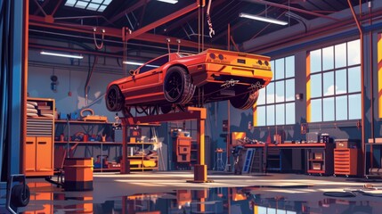 a scene of a mechanic in a garage, under a car on a lift, using tools to repair the engine