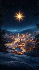 A star shining brightly in the snowy night sky, with a small Christmas village visible below, [Christmas background], [symbolic holiday scene]