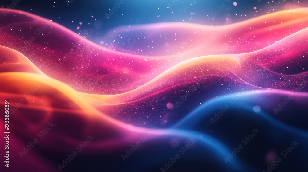 Poster a colorful wave of light with a blue and pink background. the colors are vibrant and the wave is dyn