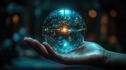 Fototapeta premium 3d abstract metallic arm holds glass sphere with inner light isolate3d on dark blue backgroun3d scientific minimalist wallpaper ecological energy source concept