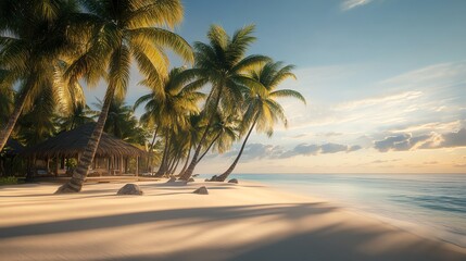 Obraz premium Breathtaking tropical beach scene with swaying palm trees and serene ocean waves under a vibrant sky at sunset.