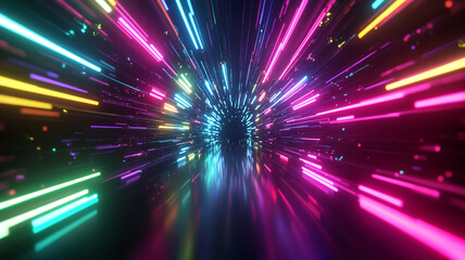 Naklejka premium Colorful light tunnel bursting with bright neon rays moving dynamically through a digital space