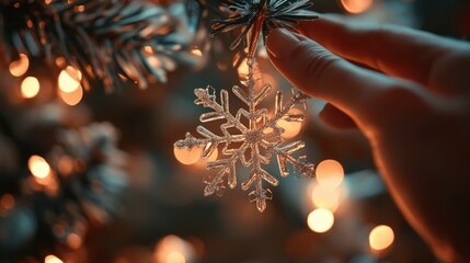 A hand hanging a snowflake ornament on a tree, with Christmas lights glowing brightly in the background, full of holiday cheer.