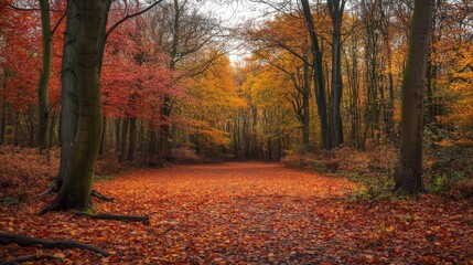 Autumnal Forest Path Covered in Fallen Leaves