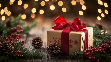 Christmas Background with Red Gift Box, Pine Branches, Baubles, and Glittering Star Ornaments on a Festive Red Surface; Holiday Card Design with Pine Cones, Berries, and Shimmering Decorations for Sea