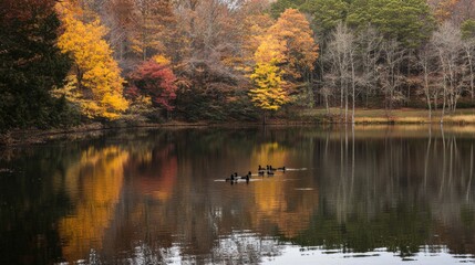 Fototapeta premium Autumnal Trees Reflected in a Still Lake with Birds