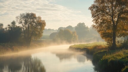 Misty River Winding Through Autumnal Landscape