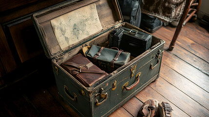 well-worn vintage trunk, partially open to reveal a collection of classic travel essentials, on a wooden floor