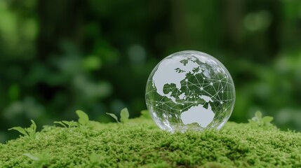 A crystal globe resting on lush green moss with fern leaves, symbolizing global environmental awareness and sustainability.