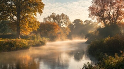 Misty Autumn River Surrounded by Golden Trees