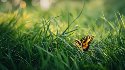 green grass close-up and a beautiful butterfly sitting on a grass