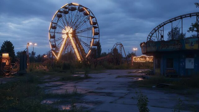 Abandoned amusement park illuminated at twilight. Ferris wheel and roller coaster silhouettes against moody sky. 