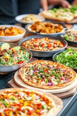 Fototapeta premium A vibrant display of delicious pizza and fresh salads, perfect for a feast or catering event.