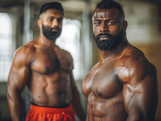 Heavyset fat obese guy, 23 yo, south east asian indian, hairy, detailed facial features, neutral face expression. Dark-orange sport shorts, thin red waistband. Relaxed standing in the gymnasium.