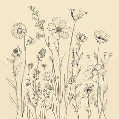 Delicate black and white sketch of wildflowers.