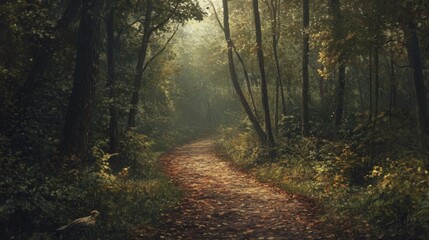 Obraz premium A Solitary Bird on a Path Through a Misty Forest