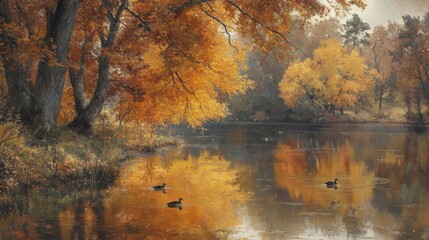 Fototapeta premium Autumnal Forest Reflecting in a Calm Lake with Three Ducks