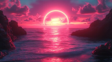 3d abstract neon backgroun3d with square arch portal clou3d an3d water fantastic seascape