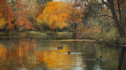 Fototapeta premium Ducks Swimming in a Calm Pond Surrounded by Autumn Trees