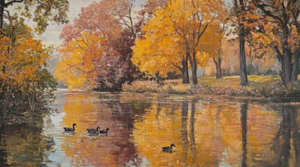 Fototapeta premium Ducks Swimming in a Calm River Surrounded by Autumn Trees