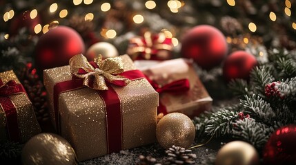 Christmas Background with Red Gift Box, Pine Branches, Baubles, and Glittering Star Ornaments on a Festive Red Surface; Holiday Card Design with Pine Cones, Berries, and Shimmering Decorations for Sea