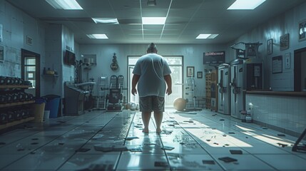 the transformation of a person's body. Start with an overweight figure in ill-fitting clothes in a dimly lit room, conveying a sense of discomfort.