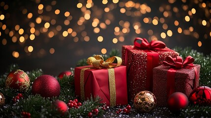 Christmas Background with Red Gift Box, Pine Branches, Baubles, and Glittering Star Ornaments on a Festive Red Surface; Holiday Card Design with Pine Cones, Berries, and Shimmering Decorations for Sea