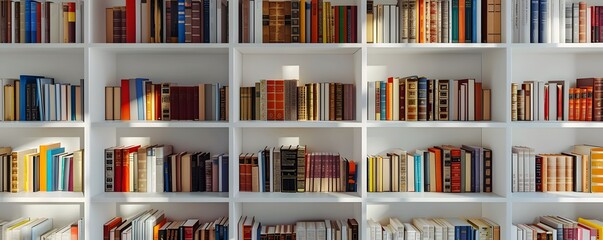 White Bookshelf Filled With Books Organized By Color And Height