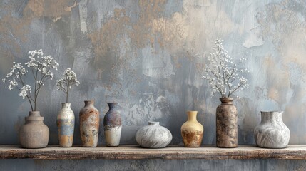Neutral colored vases on distressed wooden shelf against grey wall.