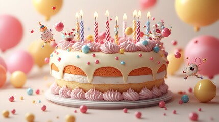 Vibrant 3D Cartoon Birthday Cake with Layers and Colorful for Festive